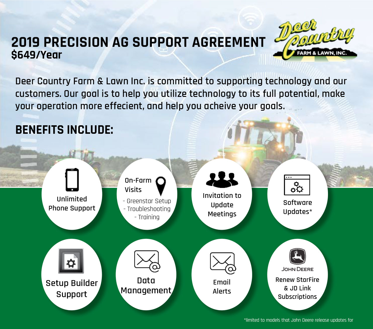 2019 Precision Ag Support. Deer Country Farm and Lawn is committed to supporting our Precision Ag Customers.  